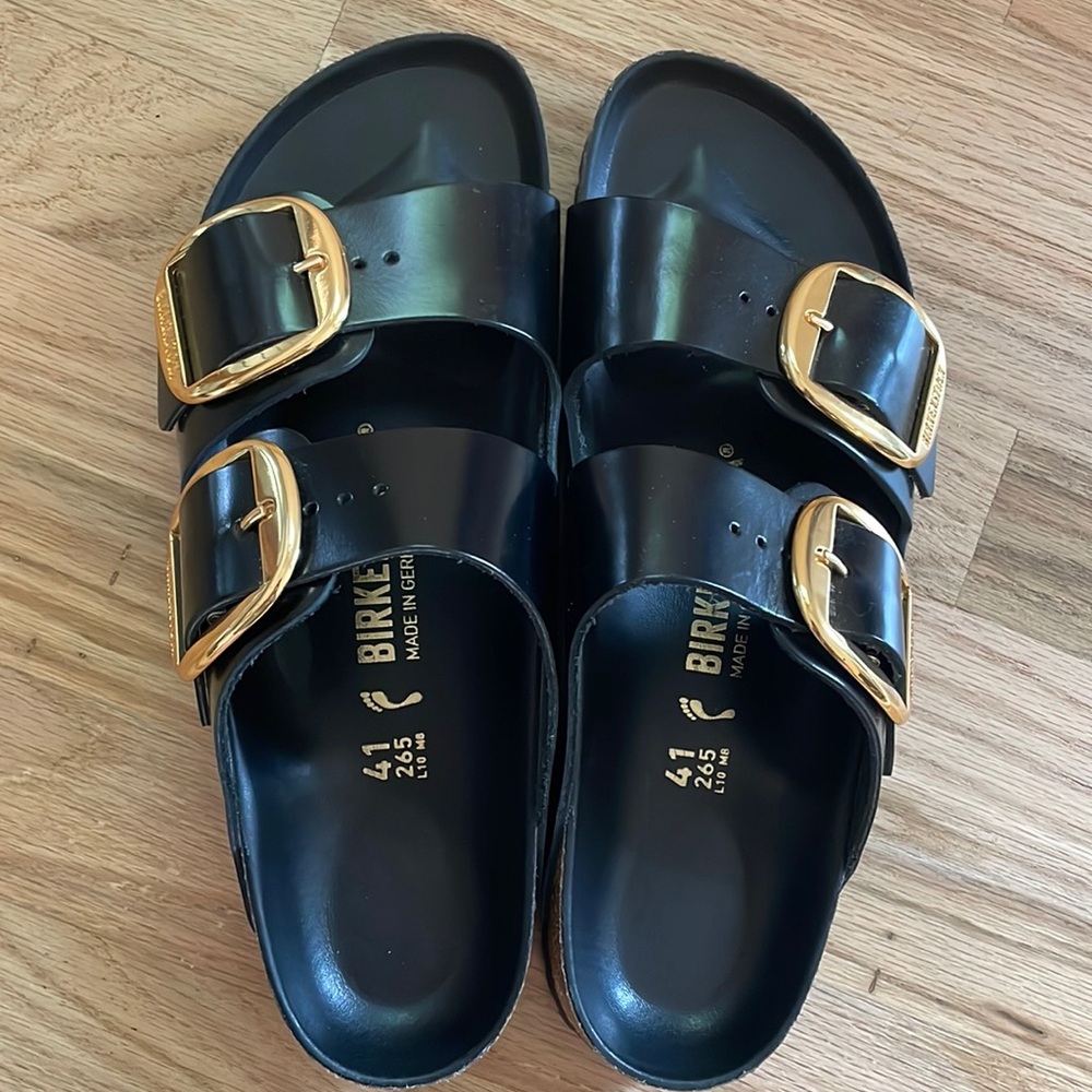 Birkenstock Arizona Big Buckle Black Gold Leather Footbed Sandals Size 41 New